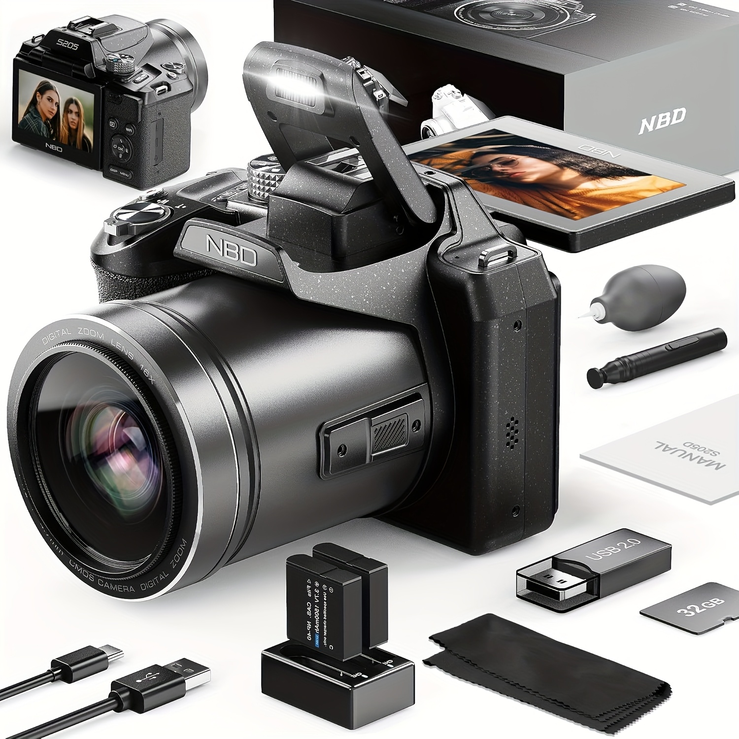 Image of Nbd Digital Camera 5k With And 16x Zoom - 3 Inch 180° Ips Screen - F1.8 Cmos Sensor Creation Kit, 32gb Card + 2 Batteries