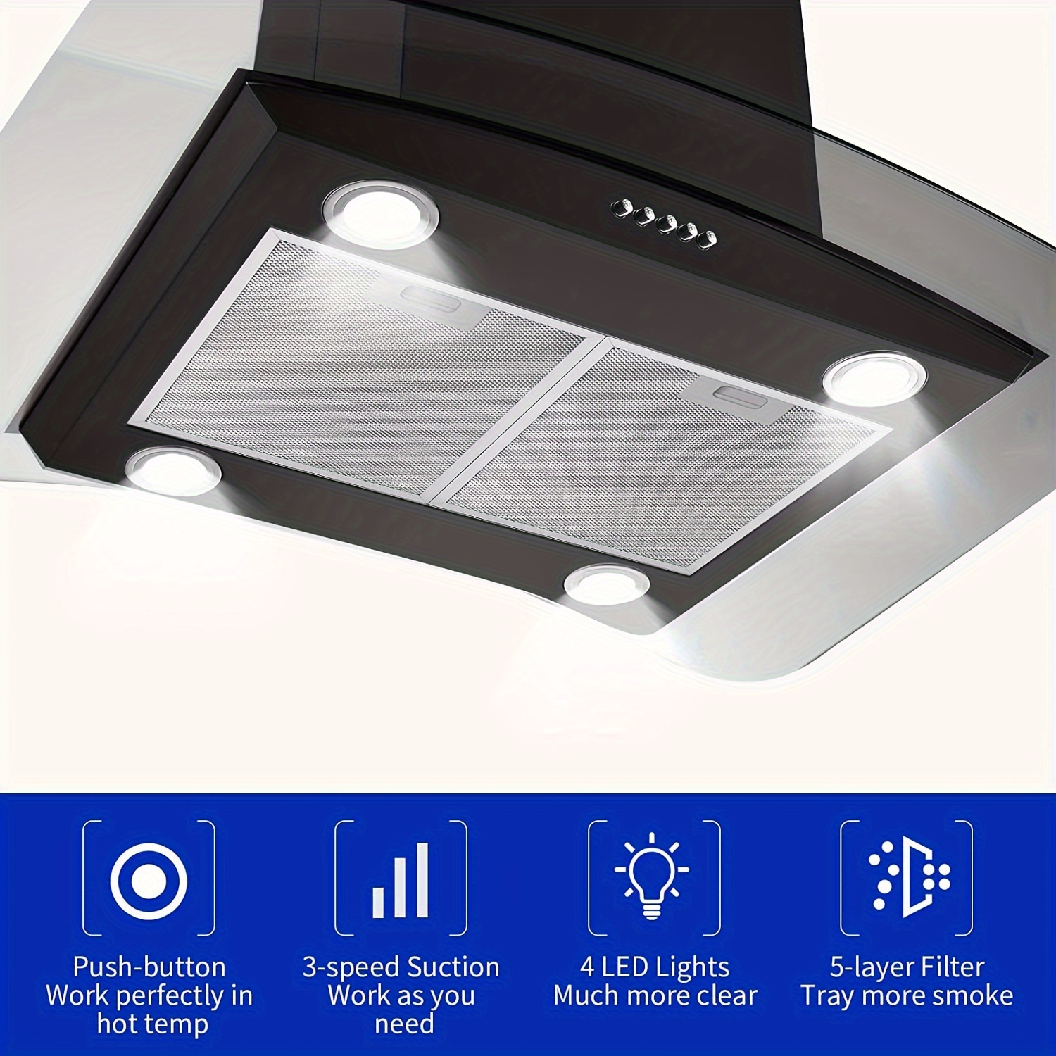 

Island Range Hood Black 30 Inch, Ceiling Mount Kitchen Vent Hood Stainless Steel, Extractor Stove Exhaust Fan, 5-layer Filters, Curved Tempered Glass, 3-speeds Fan, With 4 Led Lights