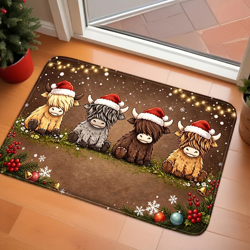 TEMU 1pc Hd 2d Flat Printed Christmas Theme Floor Mat, Dark Brown Vintage 4 Christmas Highland Cows With Colorful Lights, Pine Branches, And