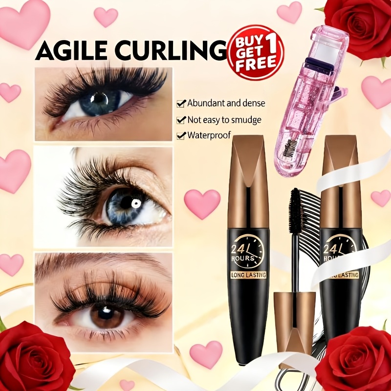 2pcs Waterproof Black Fiber Mascara with Eyelash Curler, Long-Wearing, Volumizing, No Clump, Smooth Application