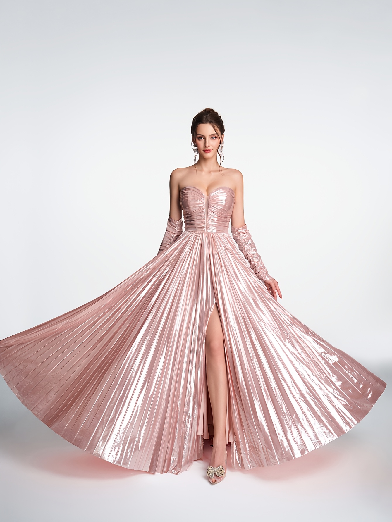 Blush Satin Strapless Evening Gown | Long Gloves + High-Slit * Dress