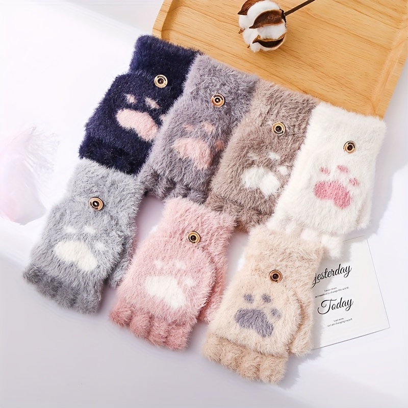 

Cat Paw Print Soft Fleece Lined Reversible Gloves, Cute Aesthetic Winter Warm Gloves, Hand Wash Only, Polyester Knit Fabric, Autumn/winter Season