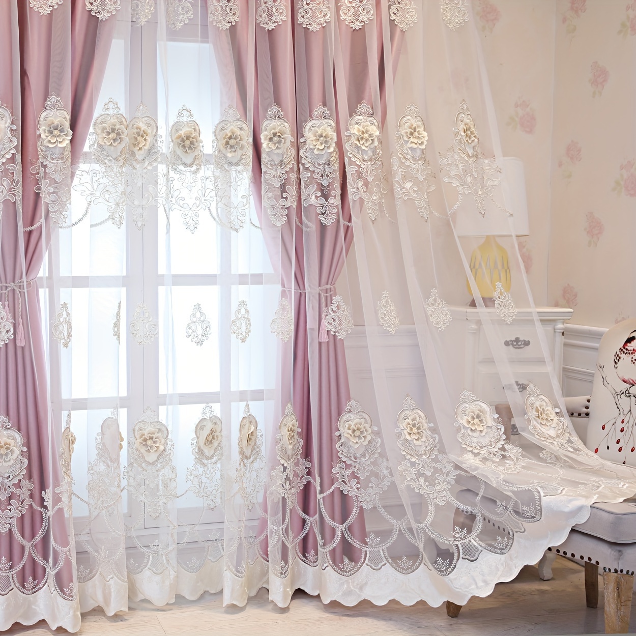 Image of 1 Panel Pink Luxurious 3d Embroidered Fabric And Gauze -one Blackout Curtain, Top Loop Hanging, Blackout And Protection Thermal Thick, Suitable For Living Room, Bedroom, Office, Home Decor