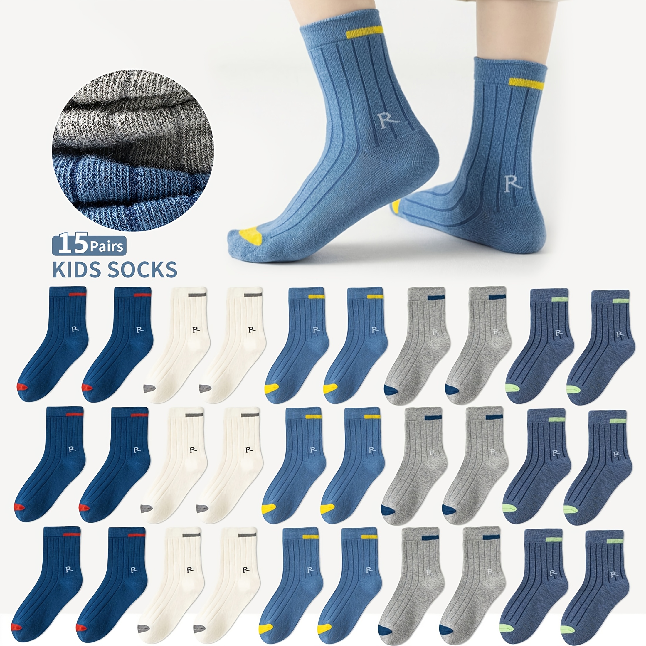 Image of 15 Pairs Boys' Mid-calf Solid Color Lettered Socks - All- & Sports Sock Suitable For Gym, Casual Wear, Traction For, Hand Washable, New For Autumn (trendy Boys' Fashion)