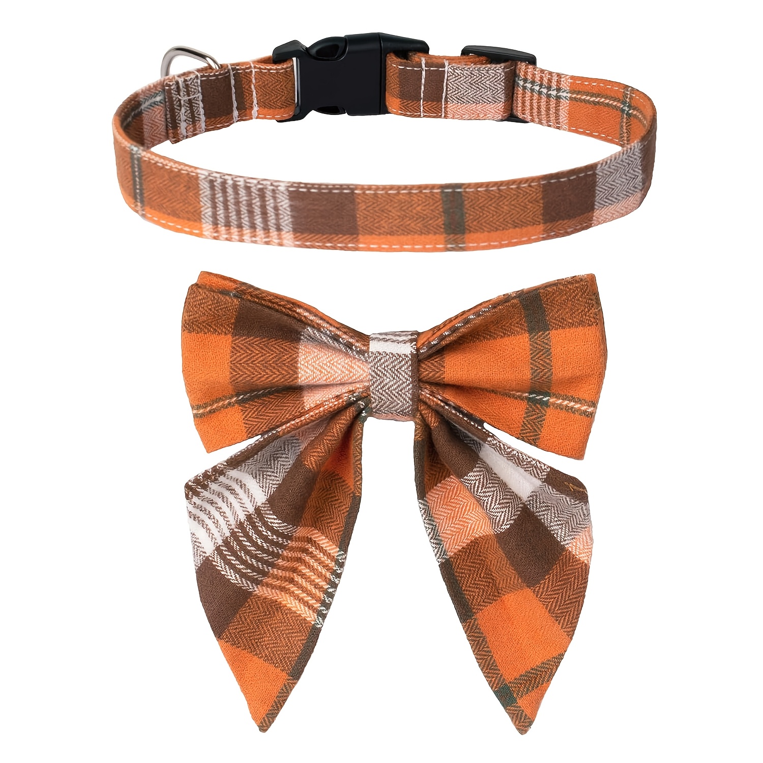 Adjustable Orange Plaid Dog Collar with Bow for Fall Holidays
