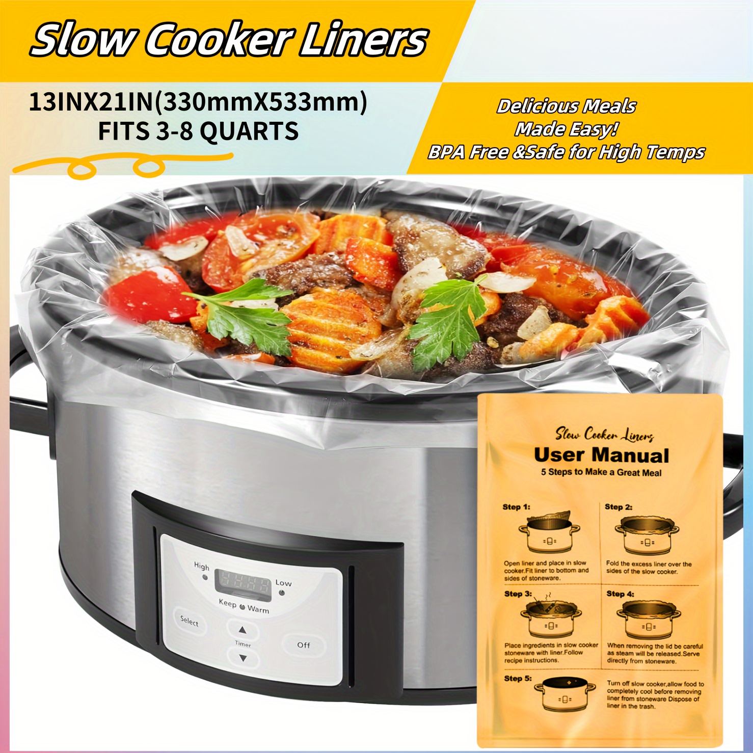 

12-pack Slow Cooker Liners, 13"x21" Disposable Cooking Bags, Bpa-free, For Oval & Round Pots, 3-8 Quart Capacity, Food-safe Nylon, Easy , Kitchen