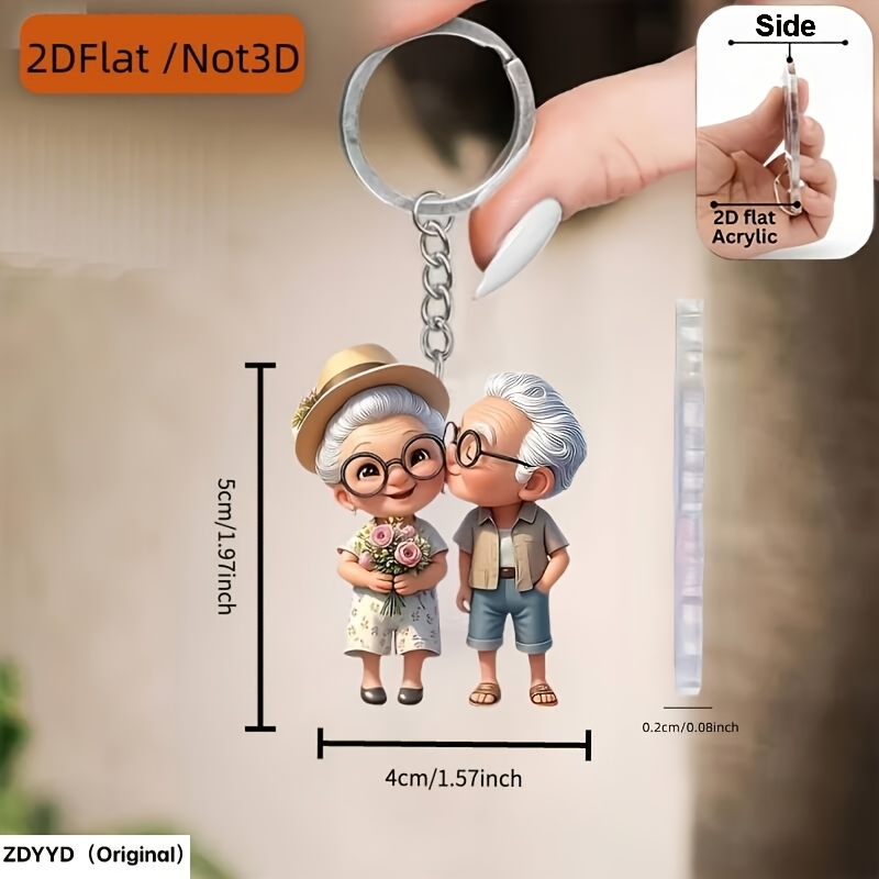 TEMU 2d Flat, Elderly Couple Acrylic Car Keychain, Perfect For Valentine's Day, Anniversaries, And Small Gifts, Artwork, 2d Flat
