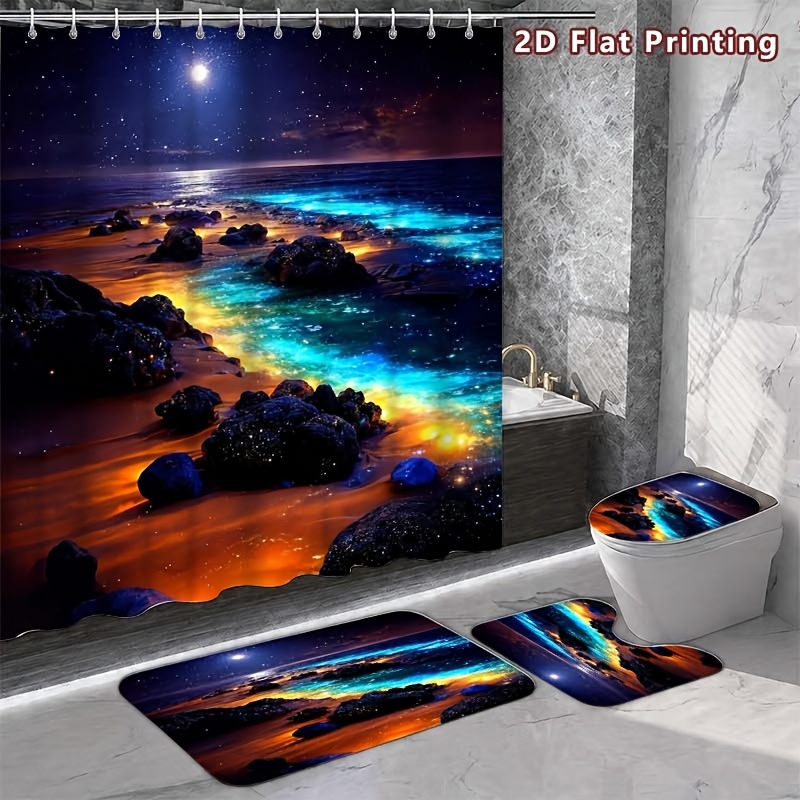 4pcs Ocean Night View Shower Curtain Set with U-Shaped Pad