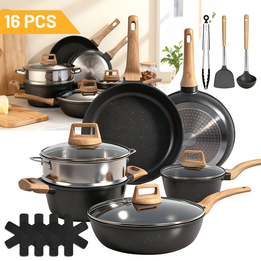 Image of 16pcs Pots And Pans Set Kitchen Cookware Sets With Frying Pans, Saucepans, Nonstick Cookware Cooking Tools With Stay-cool Handles, Pot Protectors, Induction Cookware