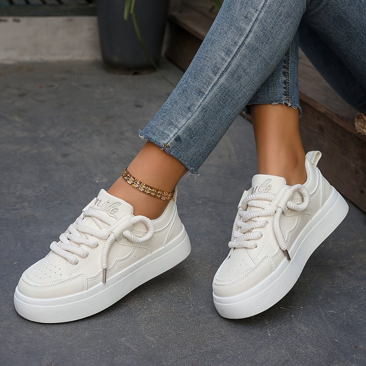 Women's Solid Color Casual Sneakers, Lace Up Platform Shoes