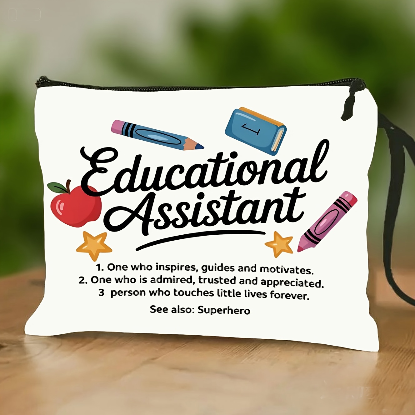 TEMU Wrist Strap Colorful Inspirational Quote Style Makeup Bag Pencil Case With Red , Colored Pencils, Blue Eraser, And Yellow Star . Educational