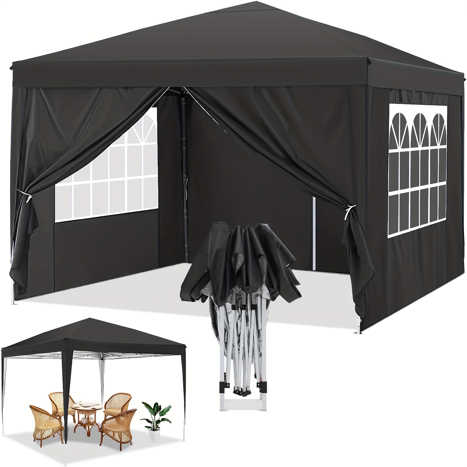 10x10ft Pop-up Awning Tent With 4 , Commercial Quick-setup Outdoor Event Tent Suitable For Parties, Markets, Backyards, Etc., Includes Ground Pegs And Ropes