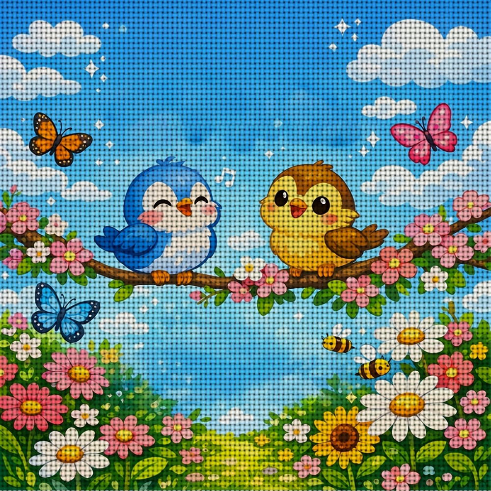 Frameless Cross-Stitch Printed Kit Featuring Two Birds Singing on a Branch
