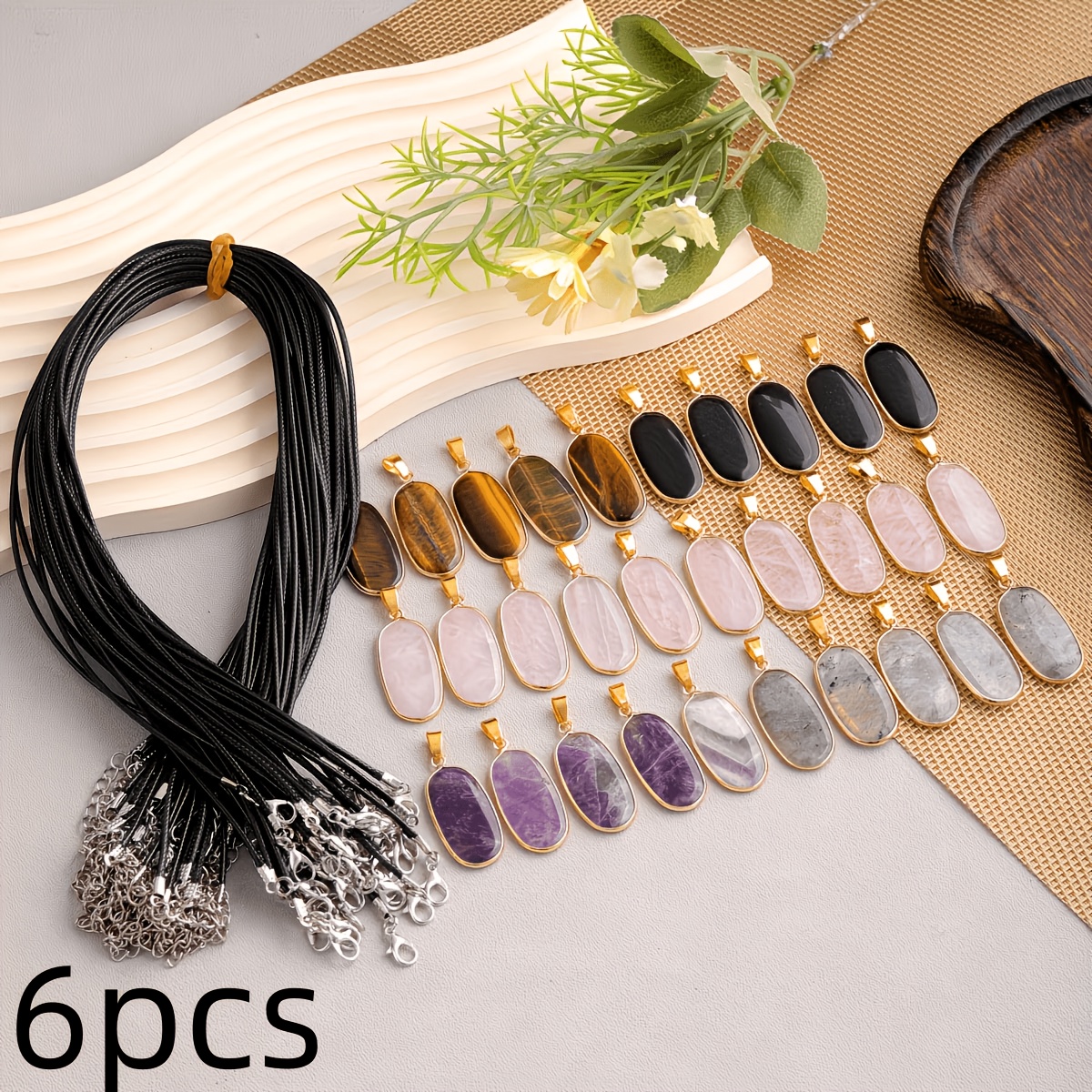 TEMU 6pcs Oval Eye Pendant Necklace With Chain, Mixed Crystal Materials For