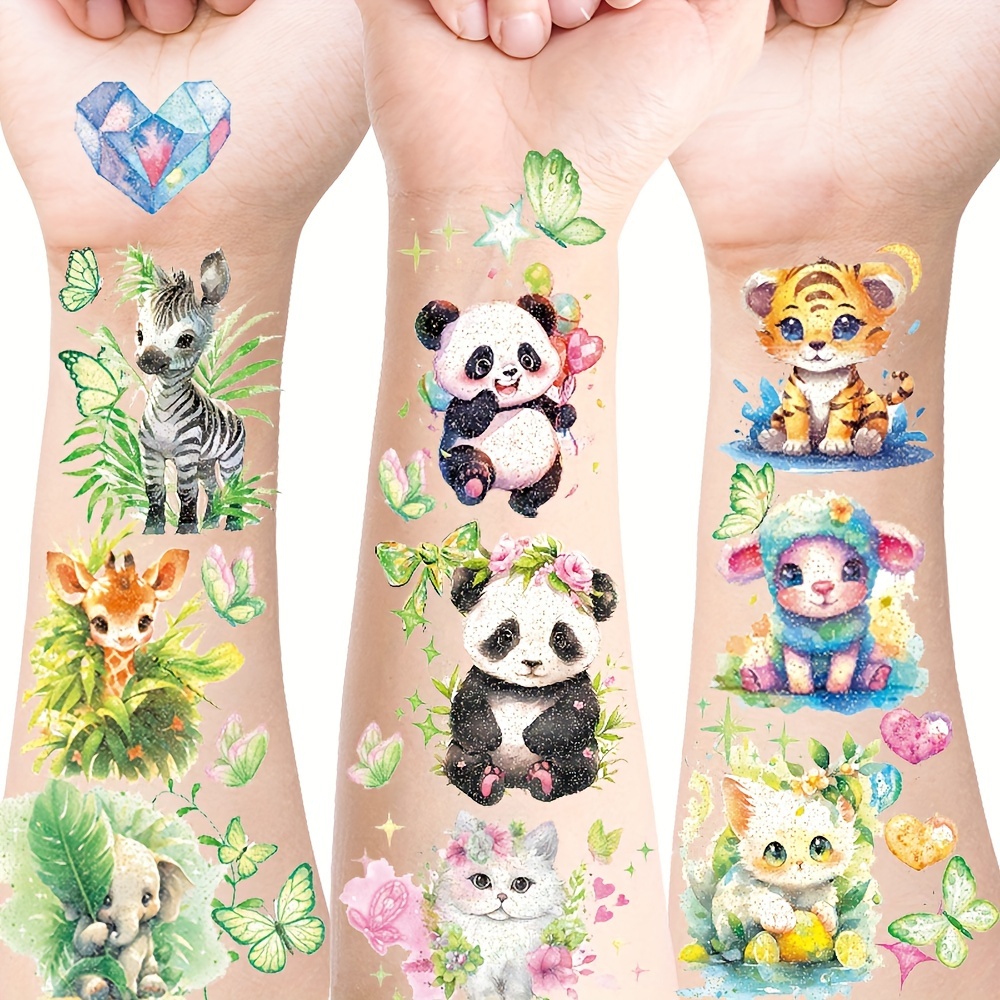 

12-pack Sparkling Glitter Animal Temporary Tattoos, Oblong Waterproof Cartoon Jungle Zoo Animals Stickers, Panda, Rabbit, Sheep, Tiger, Elephant, Zebra, Giraffe For Birthday Parties And Travel