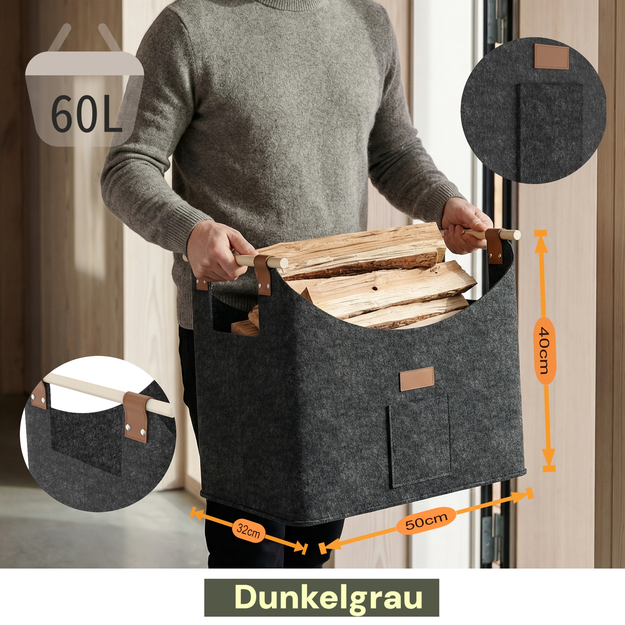 TEMU Firewood Basket For Firewood 60l Firewood Basket Extra Thick Firewood Basket For Wood Felt Basket Firewood With Wooden Handles & Front Pocket