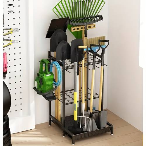 heavy duty steel garden tool organizer with wheels adjustable shelves hooks for rakes brooms shovels floor mounted garage shed storage rack black polished easy assembly sturdy shelf design gardening tools