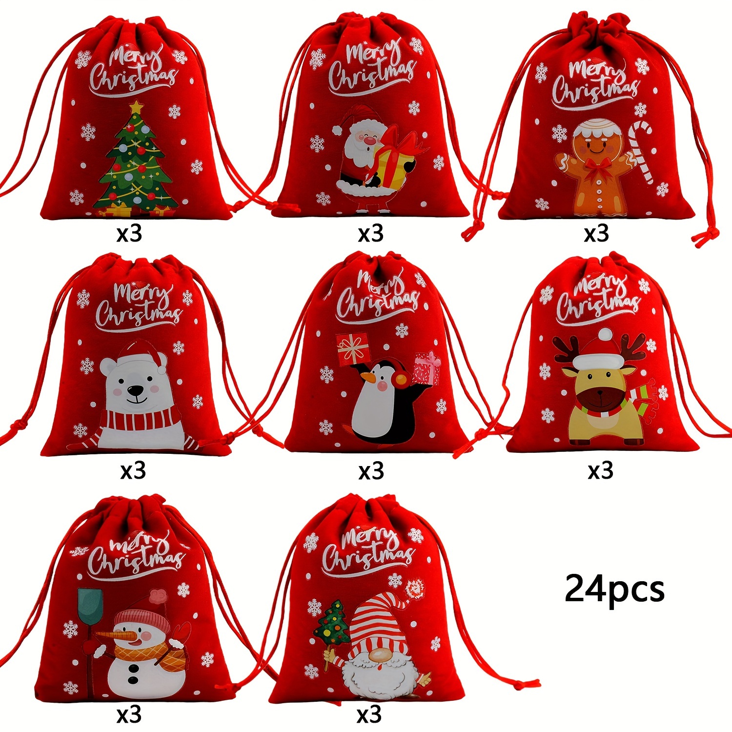 24 件圣诞丝绒抽绳礼品袋 - 节日红色小袋，带有圣诞老人、驯鹿和雪花图案，可重复使用的节日派对礼物袋，用于糖果、珠宝和礼品包装，圣诞礼品袋 0