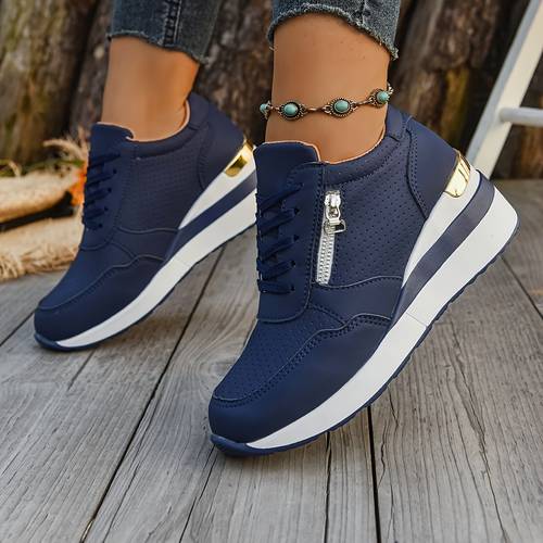womens fashion british thick sole wedge casual shoes outdoor lace up low top non slip sports shoes lightweight soft sole zipper single women shoes sneakers