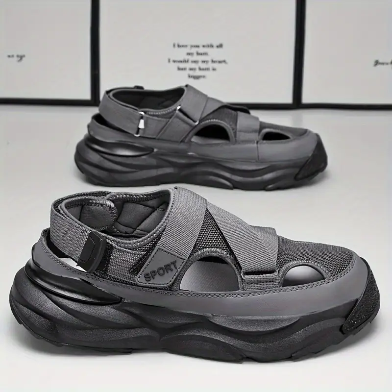 mens breathable sport sandals slides preppy casual fashion solid patterns for with adjustable closure lightweight cap toe sandals with pu fabric upper comfortable for daily hiking activities details 1