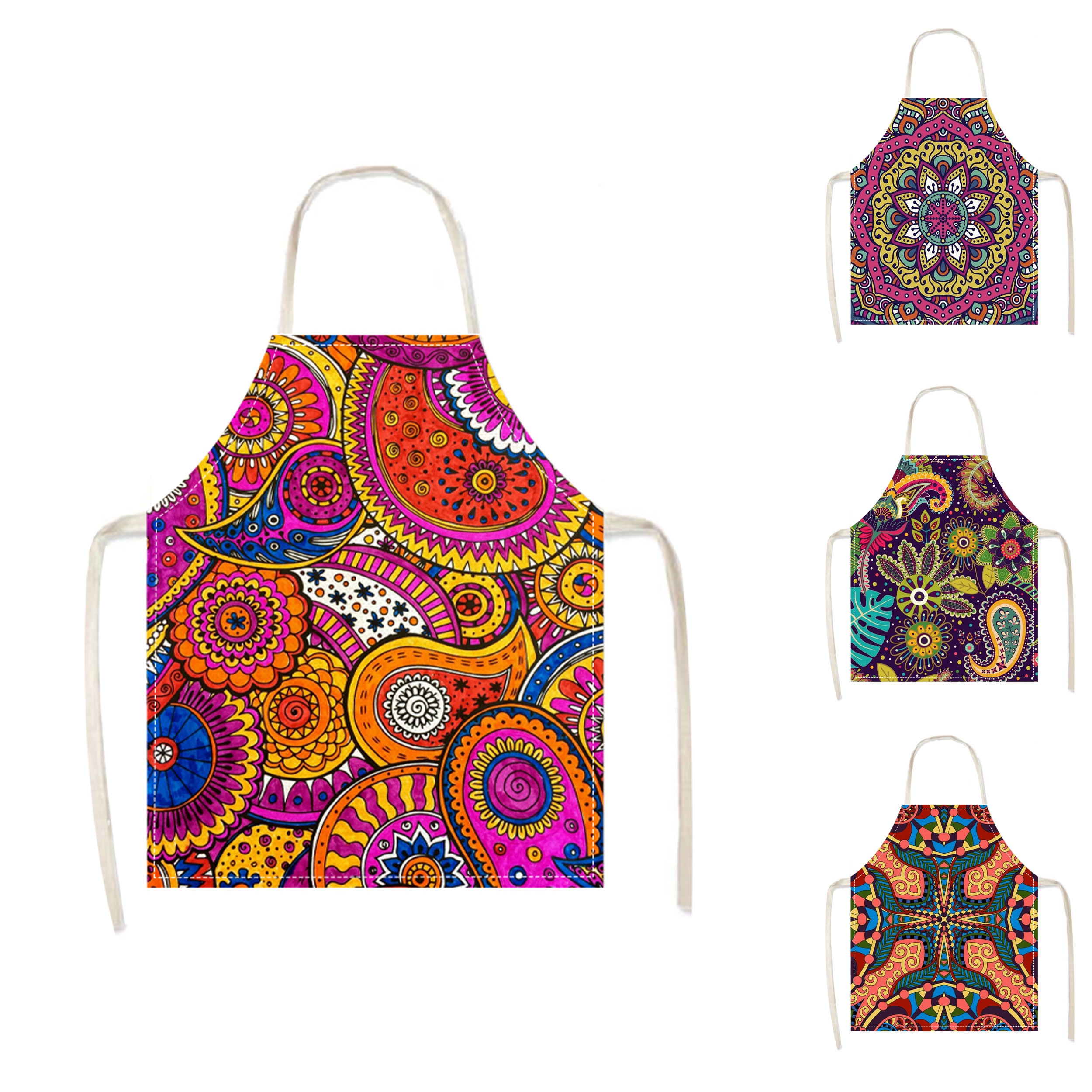 

1pc, Apron, Creative Bohemian-style Ethnic Floral Printed Apron, Sleeveless Cooking Apron With Waistband, Workwear For Household Cleaning, Cooking