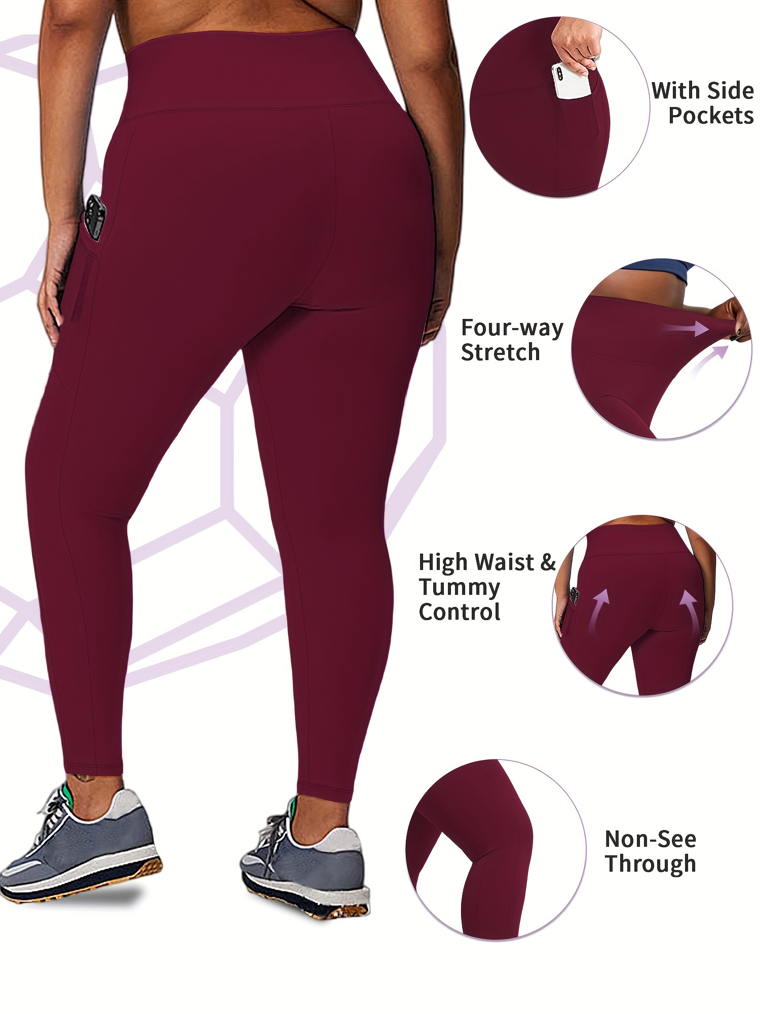 Plus Size High Waist Yoga Pants with Side Pockets - 88% Polyester 12% Elastane Stretchy Tummy Control Leggings, Sculpting Workout Gym Activewear for Women, All-Season Comfort (Machine Washable)