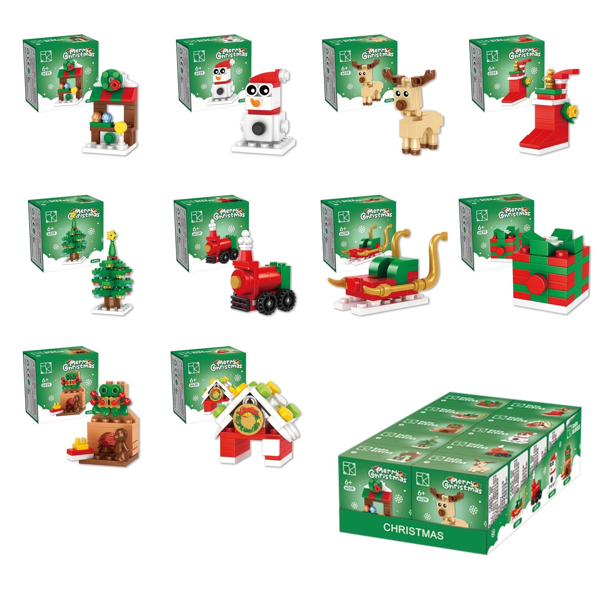 Image of Christmas Series Building Blocks Set, Christmas Tree, Train, Elk , Snowman, Fireplace, Sled, Xmas Gifts Toys