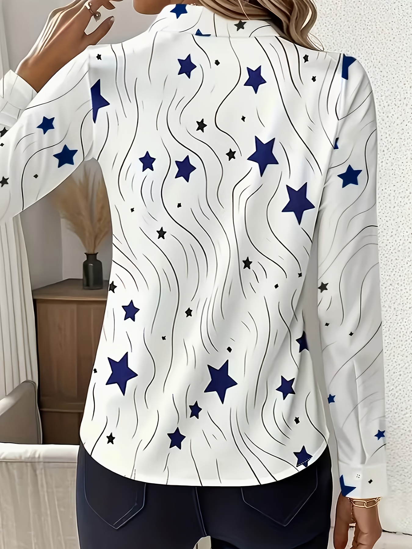 TD0102001 Blusa Elegante para Mujer con Estampado de Estrella de Cinco Puntas, Camisa de Manga Larga, Top Profesional
