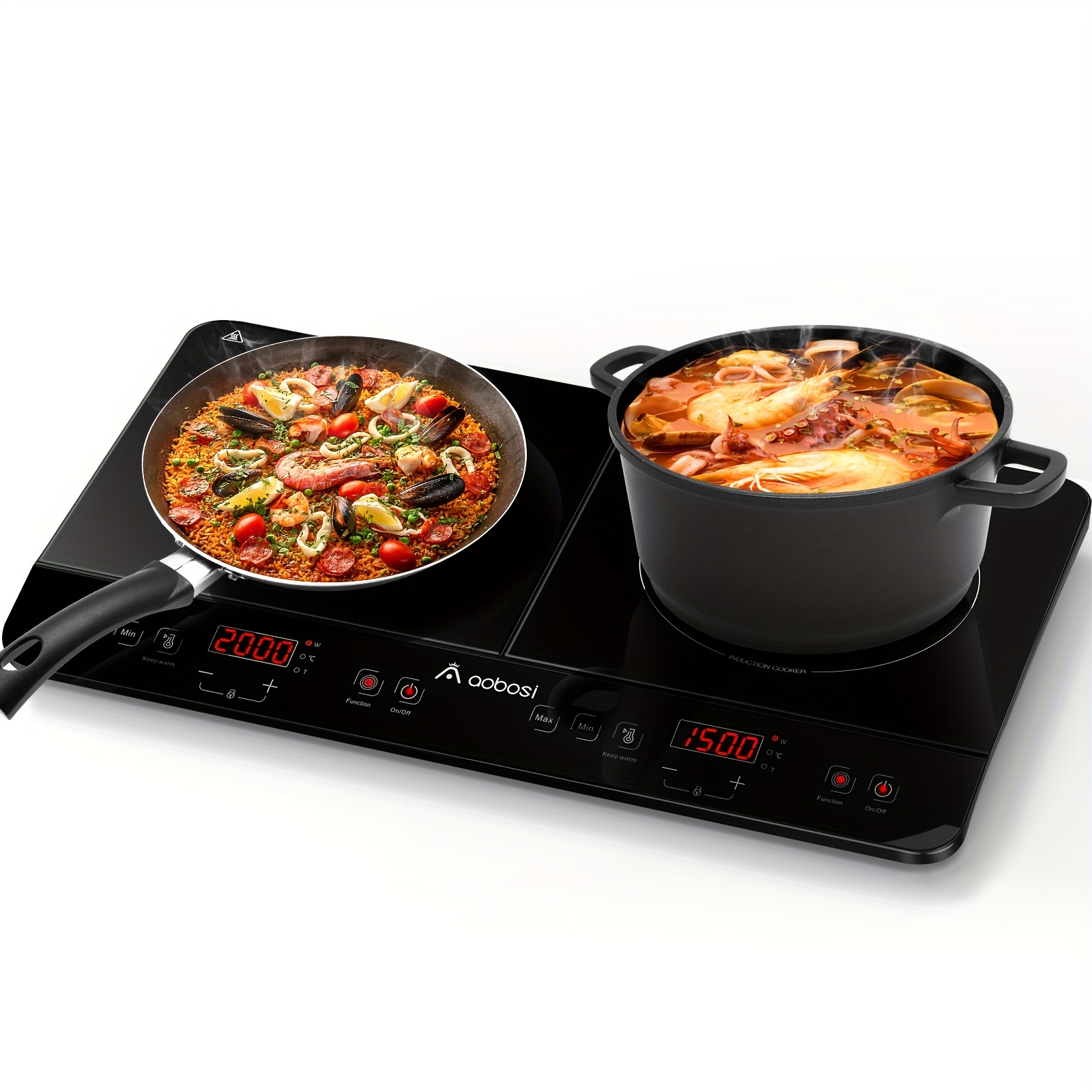 

1pc Aobosi 2-zone Induction Cooktop, 3500w Dual Plate With 10 Temperature , 4-hour Timer, 220-240v Plug, No Battery, Power Supply Operated