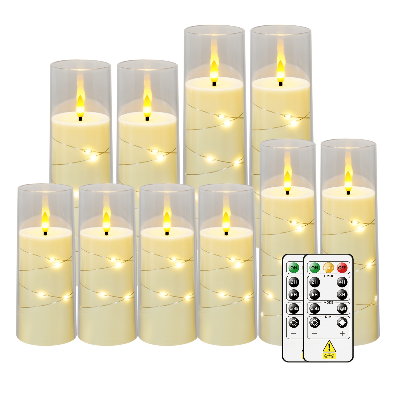 TEMU SASIGEIAA Guirlande de 10 bougies flamme à LED avec étoiles intégrées et 2 télécommandes à minuterie, bougies en acrylique pour ambiance ,