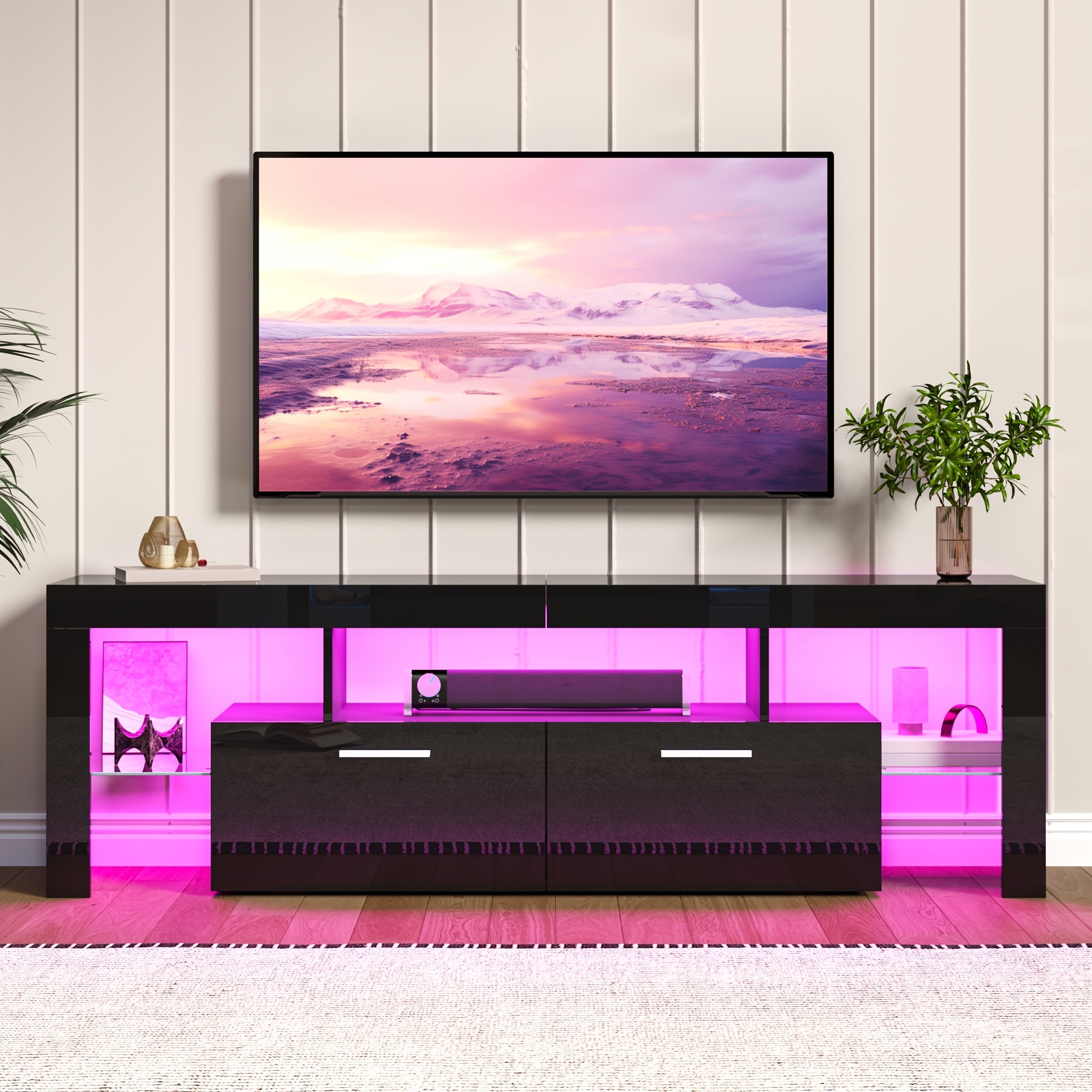 Image of High Gloss Tv Cabinet, Led Lit Lowboard, Tv Stand For Tvs Up Inches, With 2 Large Cabinets, 160 X 35 X