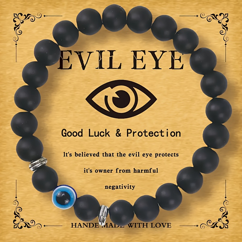 Handmade Natural Stone Bracelet with Evil Eye Pendant, Bohemian Style with Card Gift