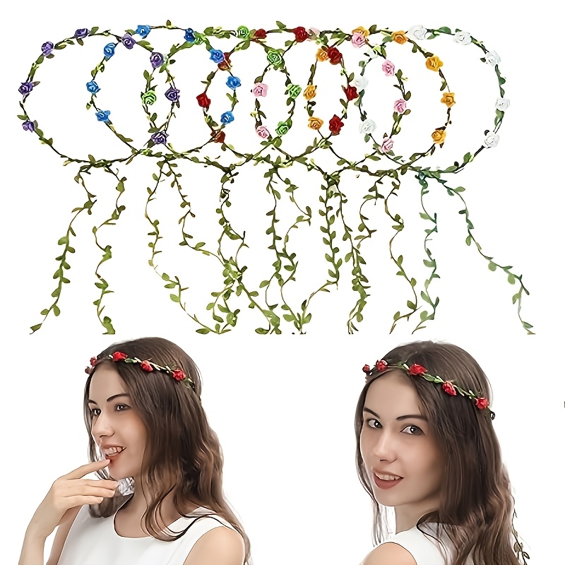 E-shop 16-teiliges mehrfarbiges Blumenkranz-Kranz, Stirnband-Kranz, zufällig farbiger Blumen-Haaraccessoire, Blumenkrone im Boho-Stil für Frauen,