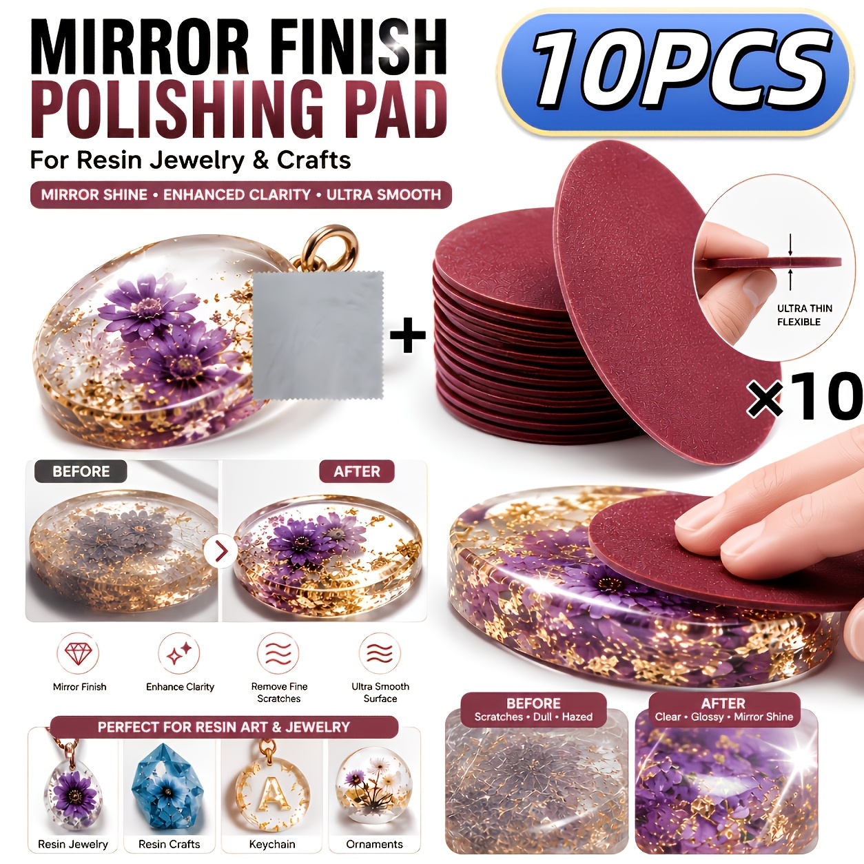 TEMU 20/10/5pcs Mirror End Polishing Discs For Epoxy And Resin Projects (with Cleaning Cloth), Upgraded Scratch-resistant Disc, Clear Gloss