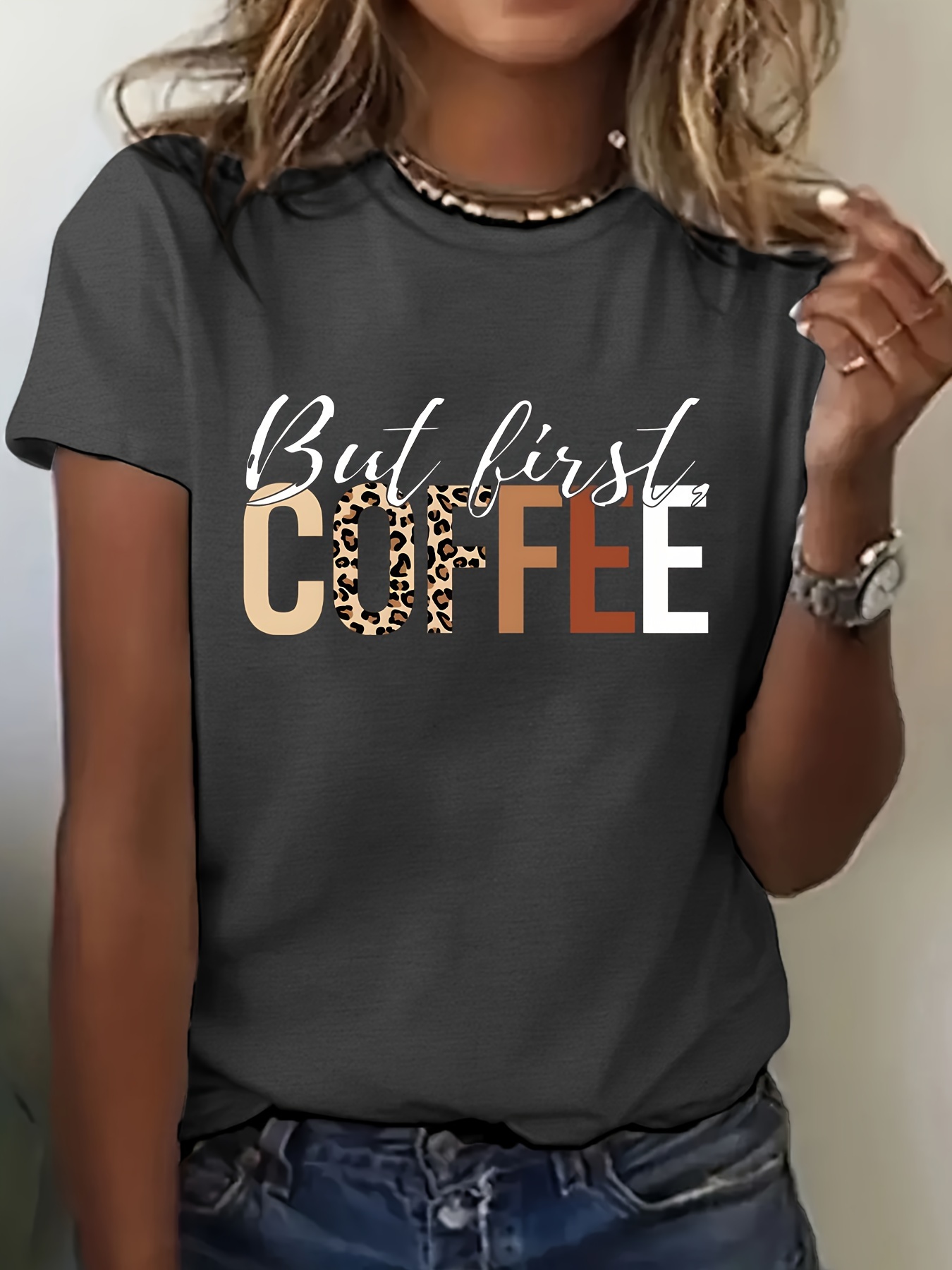 Coffee Print Crew Neck T-Shirt Casual Short Sleeve Top For Spring & Summer Women's Clothing