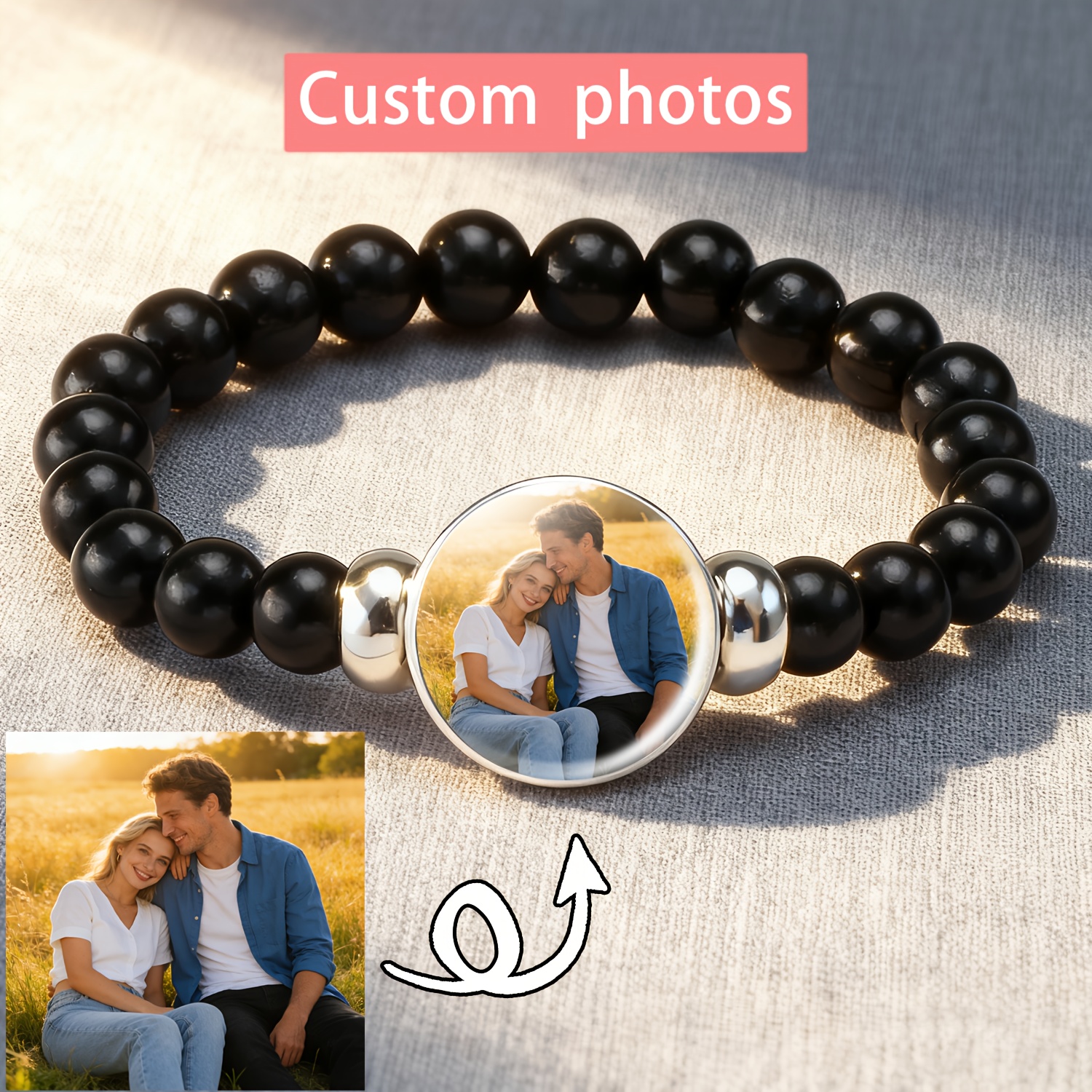 E-shop 1 Stück Schwarzes Kunststoffperlen Armband mit verstellbarer Größe personalisierbarem Bild, einfaches Design, perfektes Geburtstagsgeschenk