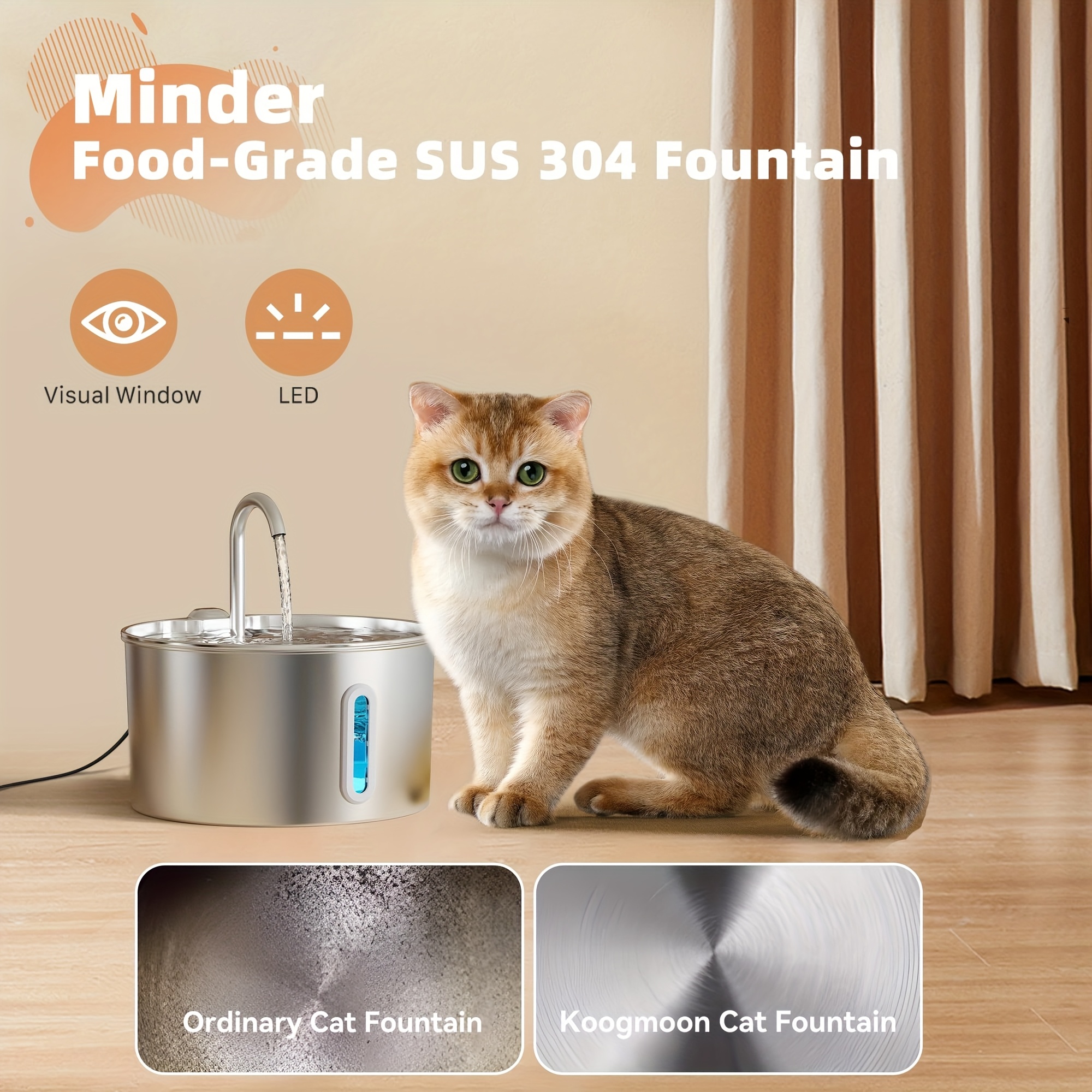 Stainless Steel Cat Water Fountain with Automatic Sprinkler