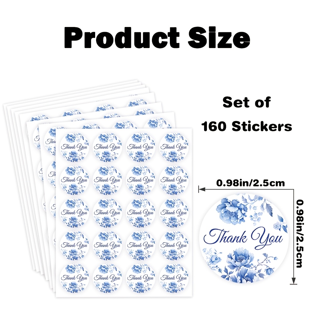 TEMU 160pcs Thank You Themed Round Stickers With Blue Floral Elements, Delicate Watercolor , Suitable For Party Decorations, Celebration Gifts, Gift