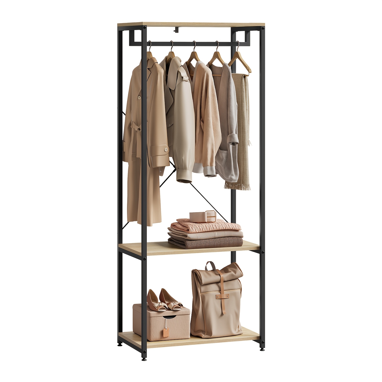 1pc Clothes Rack Hanging Shelf Clothes Rail With Shoe Rack For Bedroom Wardrobe Stand, Metal And Wood, Black + Light Oak, . 60 X 40 167cm