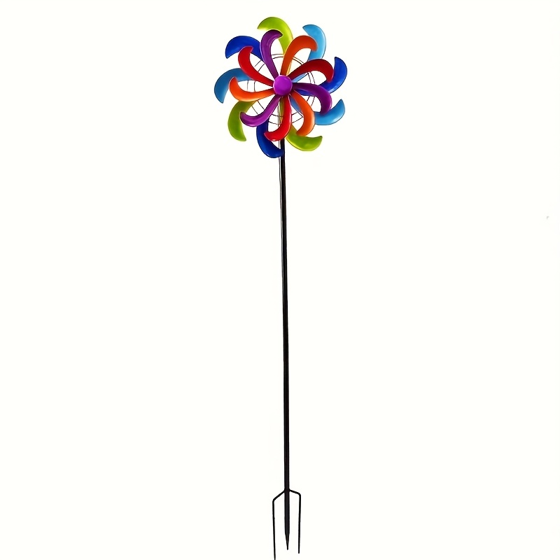 Image of 1pc Vibrant Metal Windmill - Double-sided, Outdoor Garden , Ideal For Yard, Patio, And Lawn Decor, No Electricity Needed, Outdoor | Windmill|metal Blades, For The Yard