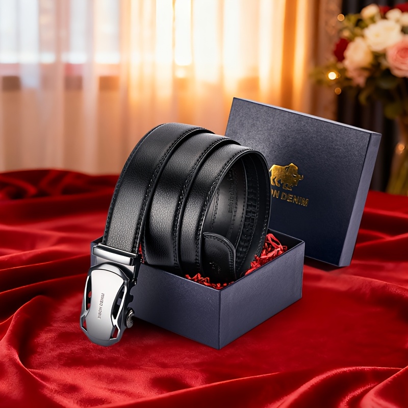 BISON DENIM Men'S Automatic Buckle Casual Belt | Second Layer Cowhide, Business Formal, Daily Multi-Functional, Adjustable, Genuine Leather, Zinc Alloy Golden Buckle, Gift Box, Suitable for Valentine'S Day and Christmas Gift