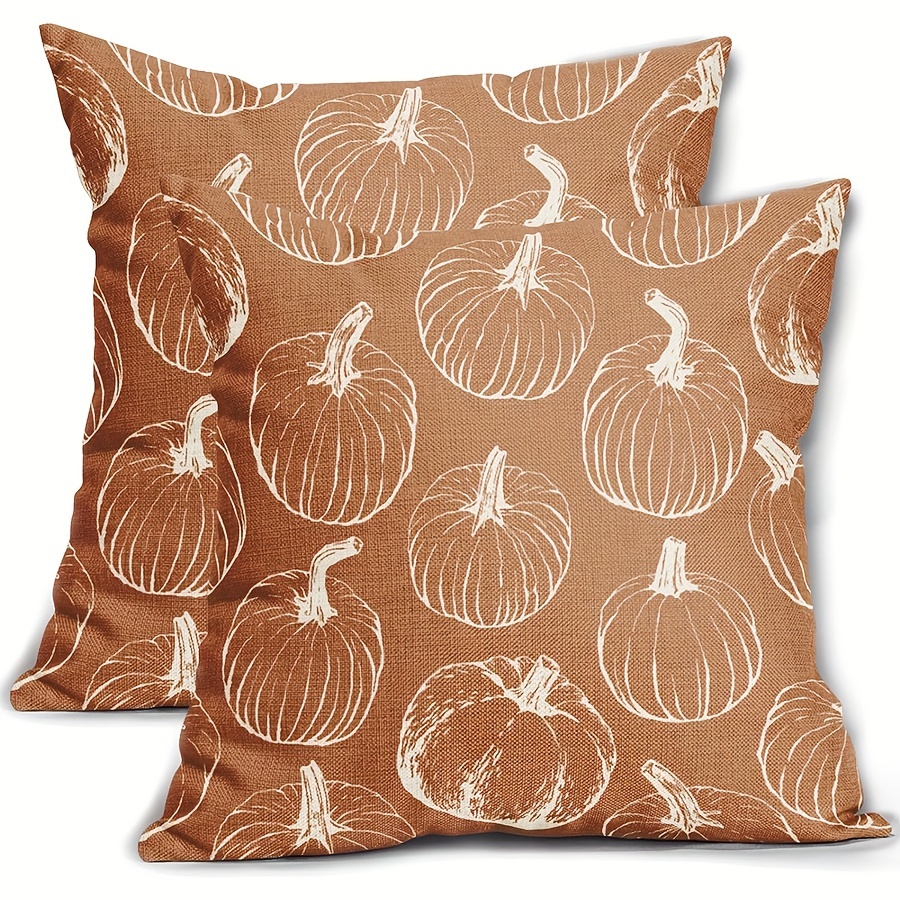 

2-pack Contemporary Linen Throw Pillow Covers - Autumn Pumpkin Print, Zipper Closure, Machine Washable, Decorative Cushion Cases For Home, Sofa, Bed - Fall Harvest Thanksgiving Decor, Various Sizes