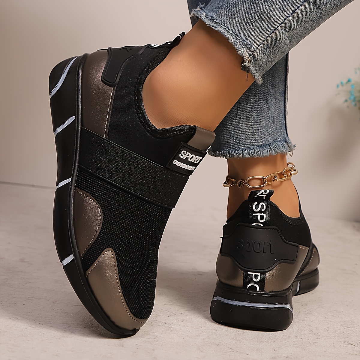 womens slip on sneakers lightweight knit upper pointed toe design arch support breathable comfortable casual lace up suitable for outdoor   party wear   upper ideal gift for women black golden silvery Product details 9