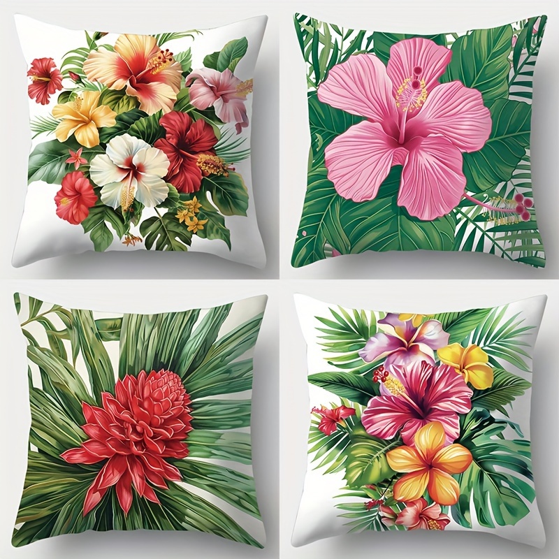 

Set Of 4 Tropical Floral And Palm Leaf Throw Pillow Covers, Contemporary Style Zippered Cushion Cases, Hand Wash, Woven Polyester Decorative Pillowcases For Living Room And Outdoor, 17.72x17.72 Inches