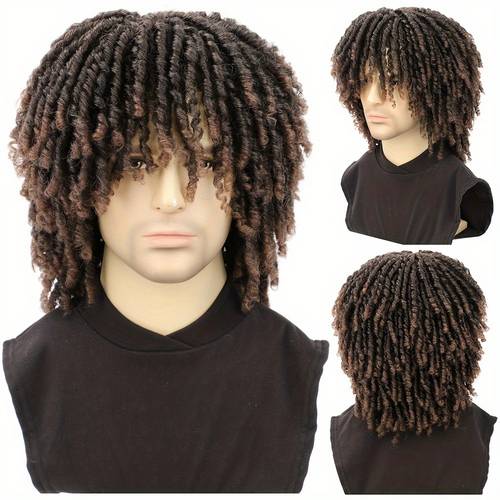 mens short afro curly dreadlock wig synthetic locs braided crochet hair 150 density adjustable cap black hair wig