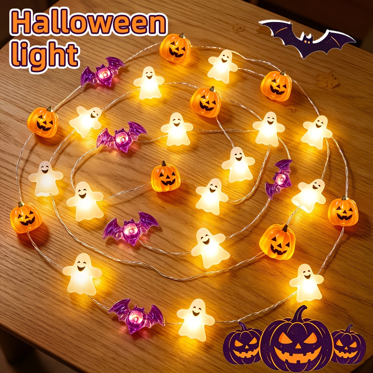 Image of Halloween Lights Battery Operated 10/20 Led 3d Pumpkin Bat Fairy Lights, Halloween Spooky Light For Indoor Home Fireplace Party Decoration