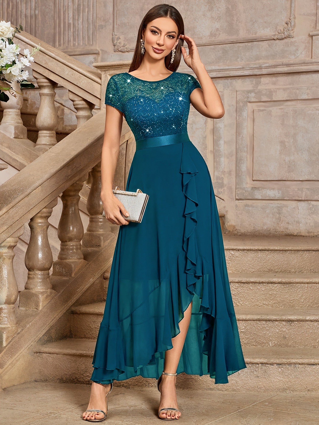 elegant teal sequin lace trimmed ruffle dress for women sleeveless a line silhouette with high low hem   parties formal events formal event attire sequin embellished dress lace trim detail dress   0