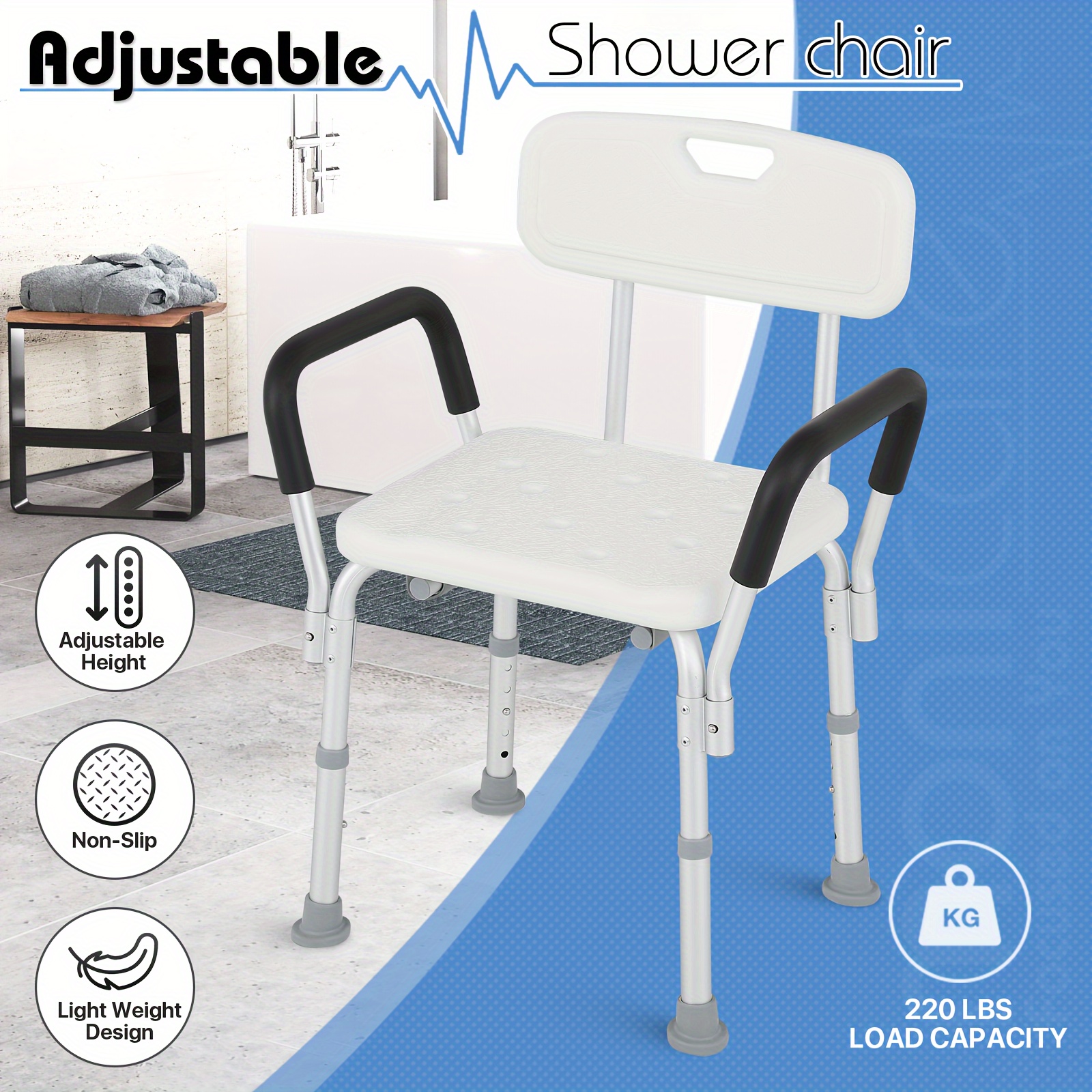 

Adjustable Seat Height Shower Chair For Bathroom Inside Tub With Back And Padded Armrest, Anti-slip Safety Bath Chair For Adults, Seniors, Elderly, Disabled, Handicap (220 Lb Capacity)