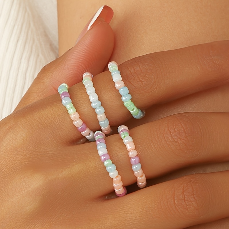 5pcs Pastel Macaron & Bead Ring Set - Women's Cute Elastic Beaded With Multicolor (,,,,) - Dopamine Themed Casual Attire For & - - No Plating Fade-free