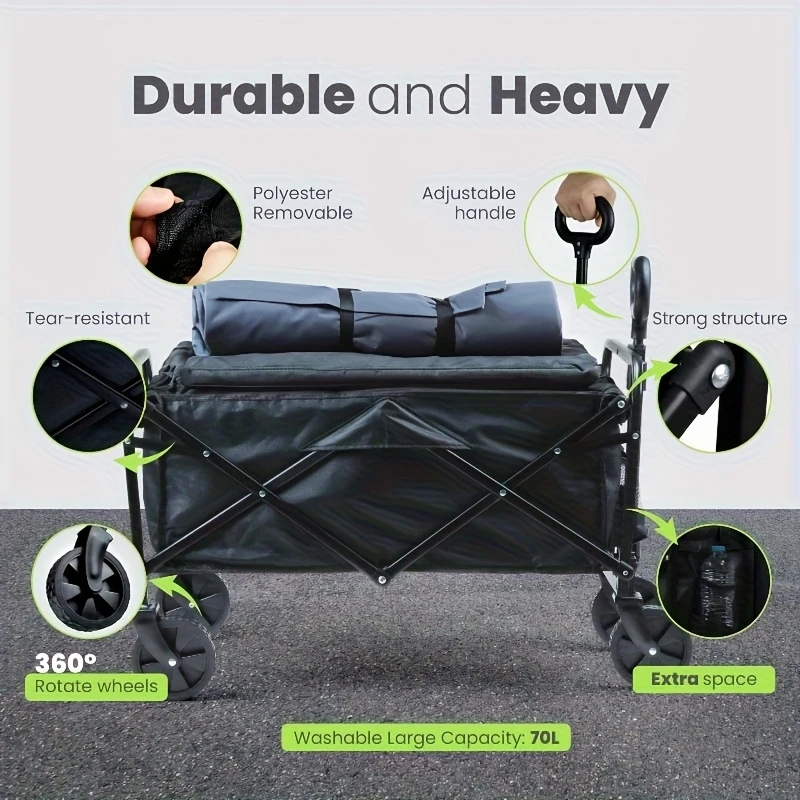 220/450/680 lb capacity heavy-duty folding cart - stainless and 600d oxford fabric, foldable wagon for camping, gardening, beach, shopping - no , black garden tool holder, sturdy , durable wheel construction details 1